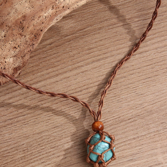 Natural Powder Crystal Necklace Pendant Handwoven With Wax Rope Set With Gems In Doll Heart Geometric Pattern For Women