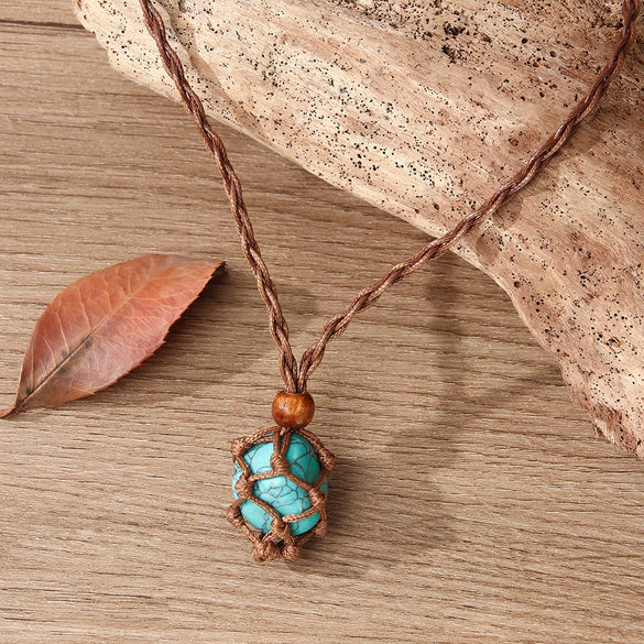 Natural Powder Crystal Necklace Pendant Handwoven With Wax Rope Set With Gems In Doll Heart Geometric Pattern For Women