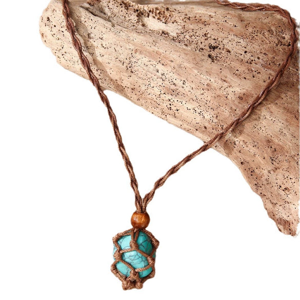 Natural Powder Crystal Necklace Pendant Handwoven With Wax Rope Set With Gems In Doll Heart Geometric Pattern For Women