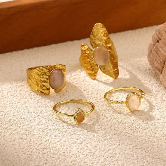 Natural Rose Quartz Geometric Teardrop Gold Plated Titanium Steel Open Ring With Textured Finish Wholesale Jewelry