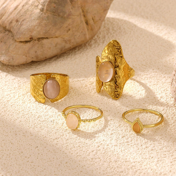 Natural Rose Quartz Geometric Teardrop Gold Plated Titanium Steel Open Ring With Textured Finish Wholesale Jewelry