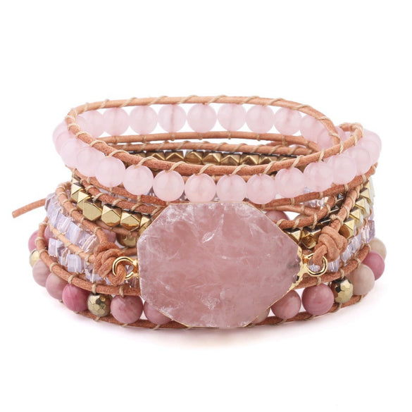 Natural Rose Quartz Raw Stone Braided Wrap Bracelet Handmade Electroplated Natural Stone Multi Layer Bracelet For Women And Unisex