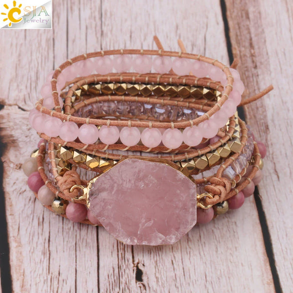 Natural Rose Quartz Raw Stone Braided Wrap Bracelet Handmade Electroplated Natural Stone Multi Layer Bracelet For Women And Unisex