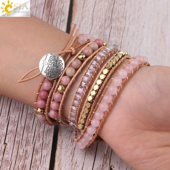Natural Rose Quartz Raw Stone Braided Wrap Bracelet Handmade Electroplated Natural Stone Multi Layer Bracelet For Women And Unisex