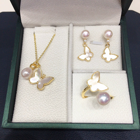 Natural Sea Shell And Freshwater Pearl Jewelry Set Pendant Earrings Ring