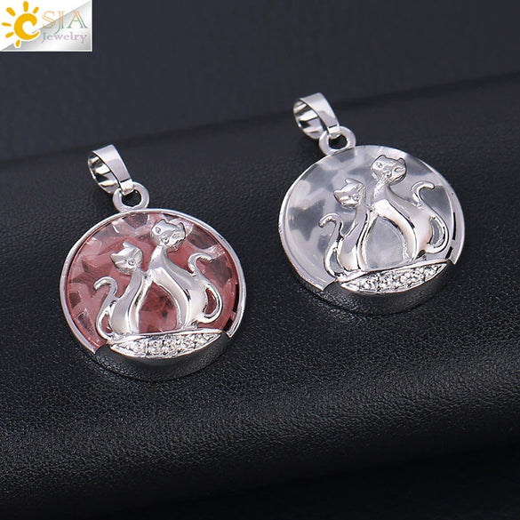 Natural Stone And Copper Accessories Double Kitty Doublesided Minimalist Necklace Pendant Jewelry For Female