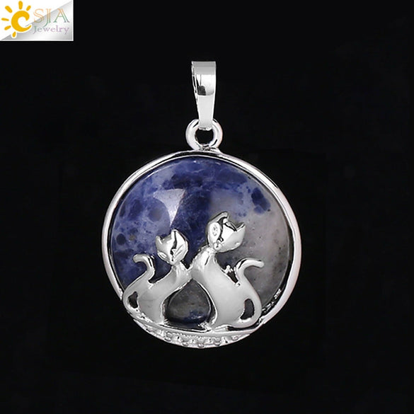 Natural Stone And Copper Accessories Double Kitty Doublesided Minimalist Necklace Pendant Jewelry For Female