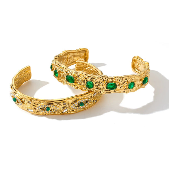 Natural Stone And Rhinestone Stainless Steel Bracelet With 18K Gold Vacuum Plating For Women