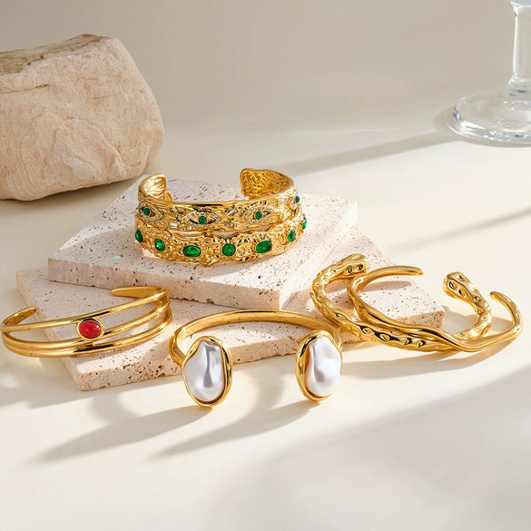 Natural Stone And Rhinestone Stainless Steel Bracelet With 18K Gold Vacuum Plating For Women