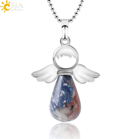 Natural Stone Angel Wing Pendant Necklace With Round And Teardrop Shape Copper Ball Chain Minimalist Love Gift Jewelry