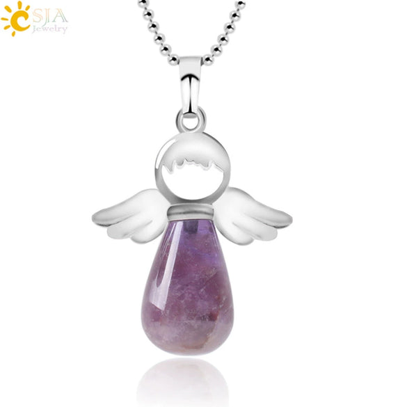 Natural Stone Angel Wing Pendant Necklace With Round And Teardrop Shape Copper Ball Chain Minimalist Love Gift Jewelry