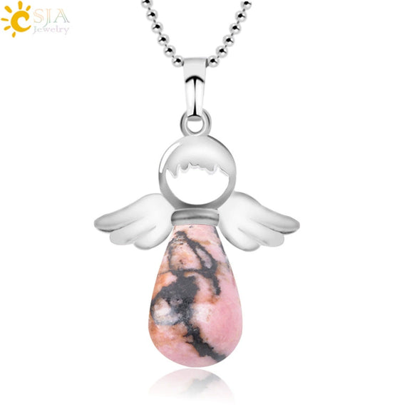 Natural Stone Angel Wing Pendant Necklace With Round And Teardrop Shape Copper Ball Chain Minimalist Love Gift Jewelry