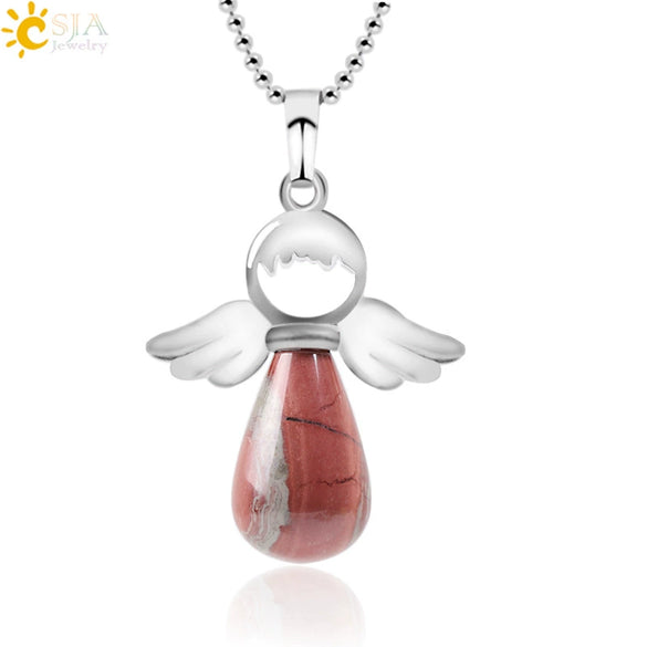 Natural Stone Angel Wing Pendant Necklace With Round And Teardrop Shape Copper Ball Chain Minimalist Love Gift Jewelry