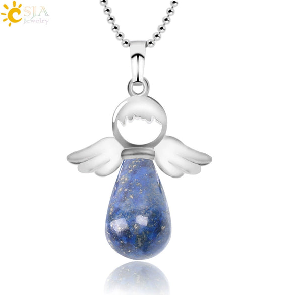 Natural Stone Angel Wing Pendant Necklace With Round And Teardrop Shape Copper Ball Chain Minimalist Love Gift Jewelry