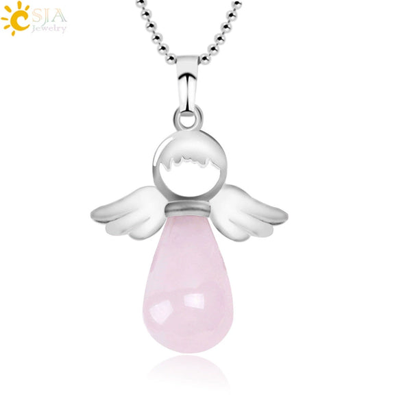 Natural Stone Angel Wing Pendant Necklace With Round And Teardrop Shape Copper Ball Chain Minimalist Love Gift Jewelry