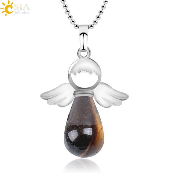 Natural Stone Angel Wing Pendant Necklace With Round And Teardrop Shape Copper Ball Chain Minimalist Love Gift Jewelry