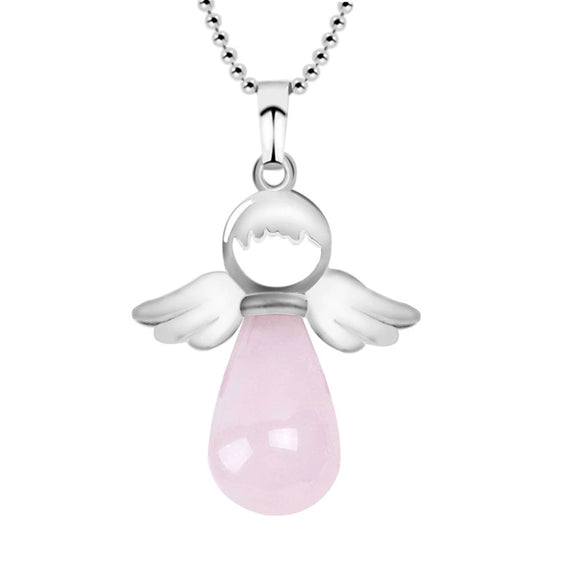 Natural Stone Angel Wing Pendant Necklace With Round And Teardrop Shape Copper Ball Chain Minimalist Love Gift Jewelry