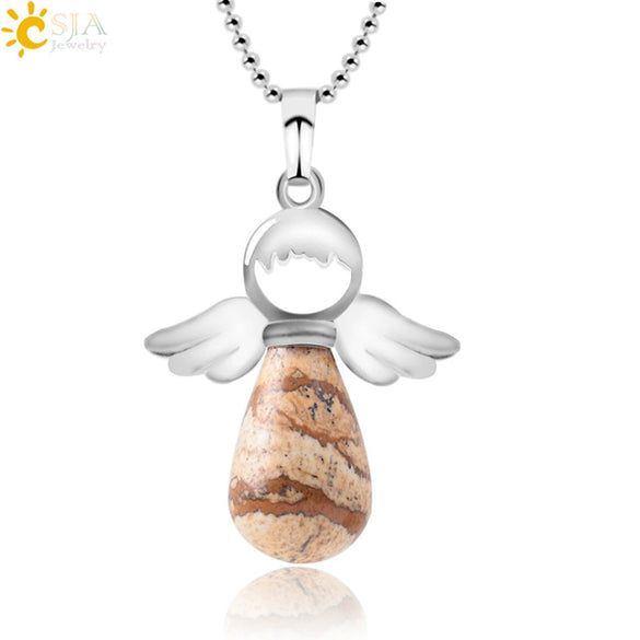 Natural Stone Angel Wing Pendant Necklace With Round And Teardrop Shape Copper Ball Chain Minimalist Love Gift Jewelry