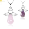 Natural Stone Angel Wing Pendant Necklace With Round And Teardrop Shape Copper Ball Chain Minimalist Love Gift Jewelry