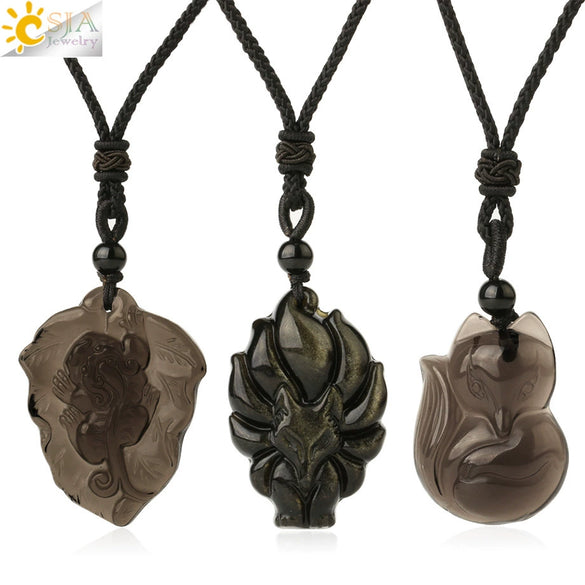 Natural Stone Animal Fox Pendant Necklace With Obsidian Black Agate And Indian Agate Braided Rope Chain Minimalist Zodiac Jewelry