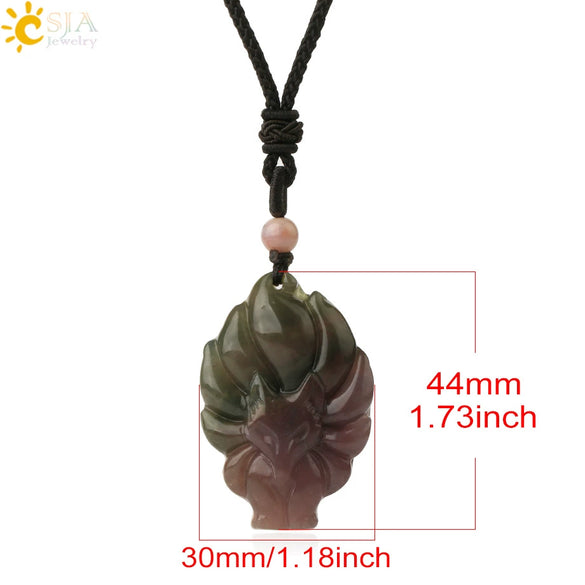 Natural Stone Animal Fox Pendant Necklace With Obsidian Black Agate And Indian Agate Braided Rope Chain Minimalist Zodiac Jewelry