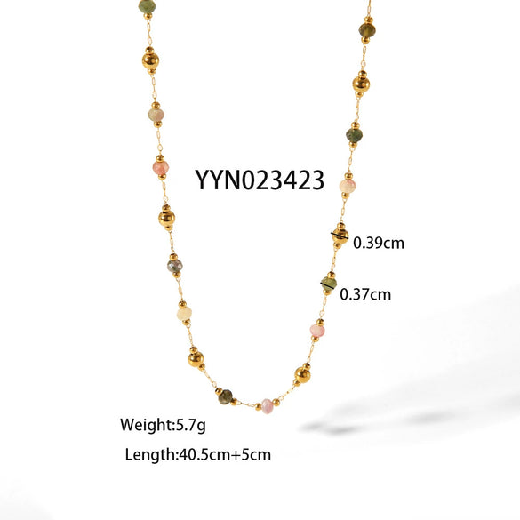 Natural Stone Beaded Bracelet And High Clavicle Chain Jewelry Set Stainless Steel Handmade With Electroplating