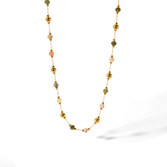 Natural Stone Beaded Bracelet And High Clavicle Chain Jewelry Set Stainless Steel Handmade With Electroplating