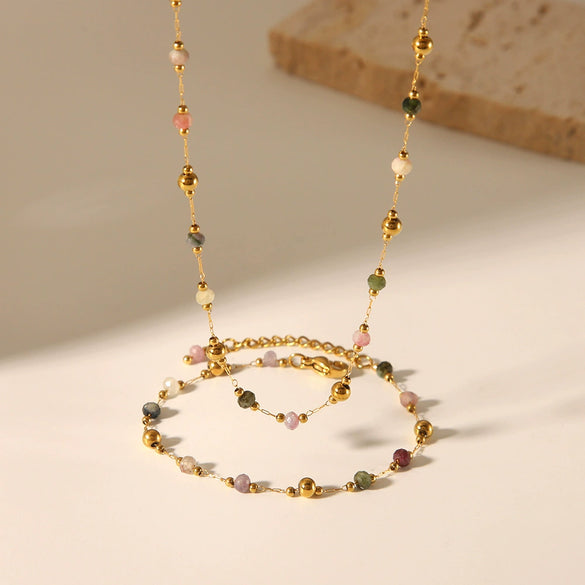 Natural Stone Beaded Bracelet And High Clavicle Chain Jewelry Set Stainless Steel Handmade With Electroplating
