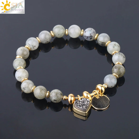 Natural Stone Beaded Bracelet For Women With Crystal Cluster Heart Charm Gold Plated Elastic Fashion Jewelry