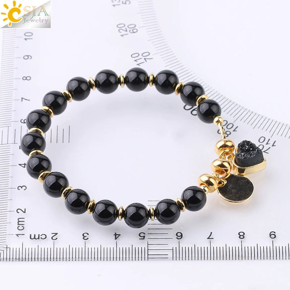 Natural Stone Beaded Bracelet For Women With Crystal Cluster Heart Charm Gold Plated Elastic Fashion Jewelry