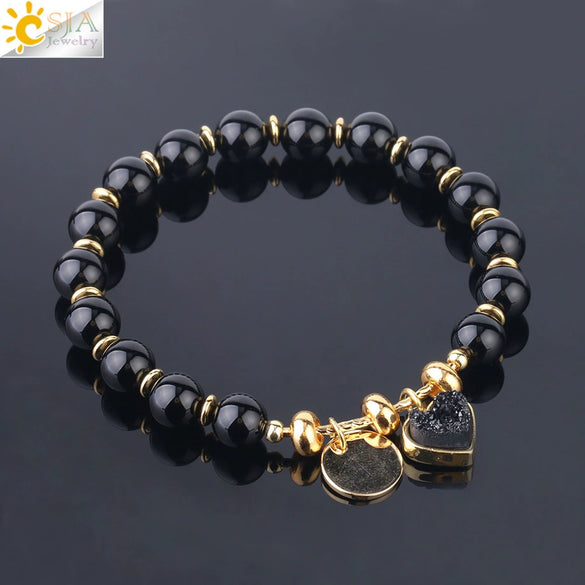 Natural Stone Beaded Bracelet For Women With Crystal Cluster Heart Charm Gold Plated Elastic Fashion Jewelry