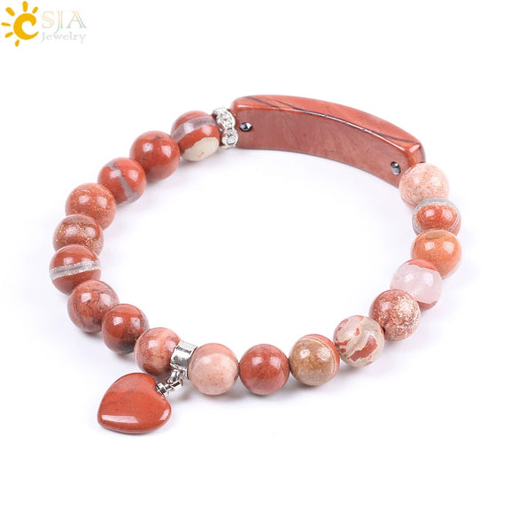 Natural Stone Beaded Bracelet With Heart Pendant Round Beads Elastic Rope Unisex Bracelet