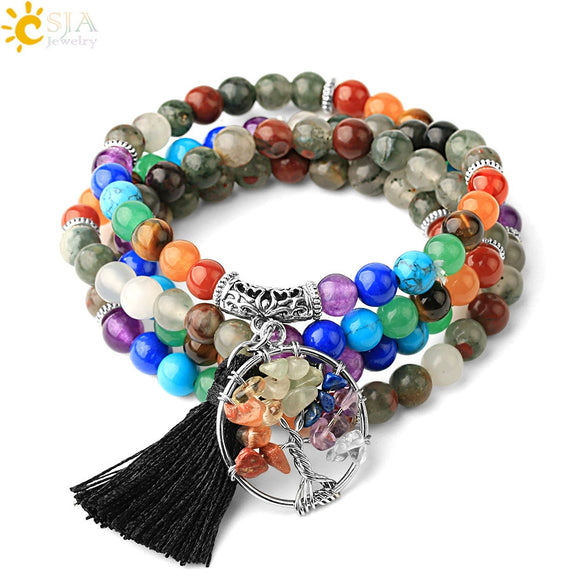 Natural Stone Beaded Multi Loop Wrap Bracelet With Tree Of Life Charm Elastic Electroplated Alloy Jewelry For Unisex
