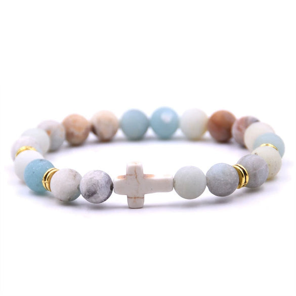 Natural Stone Cross Bracelet Fashion Unisex Beaded Bracelet With White Turquoise And Multicolor Options