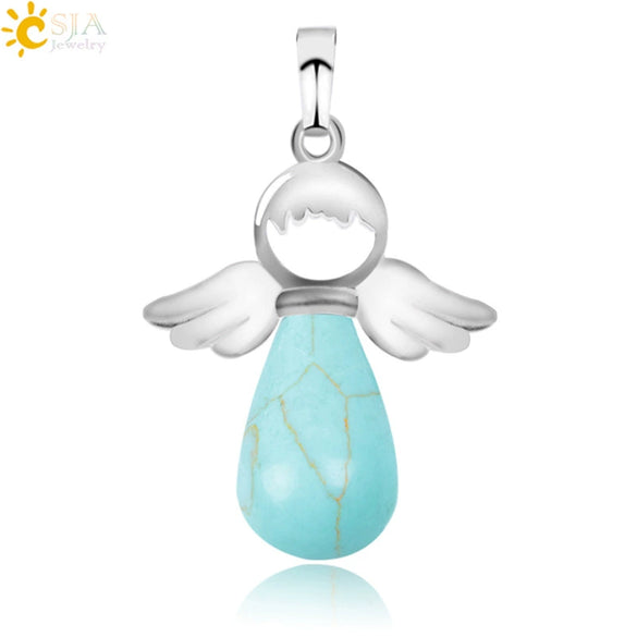 Natural Stone Drop Shaped Pendant Necklace With Polished Copper Angel Wings Creative Personality Jewelry For Women