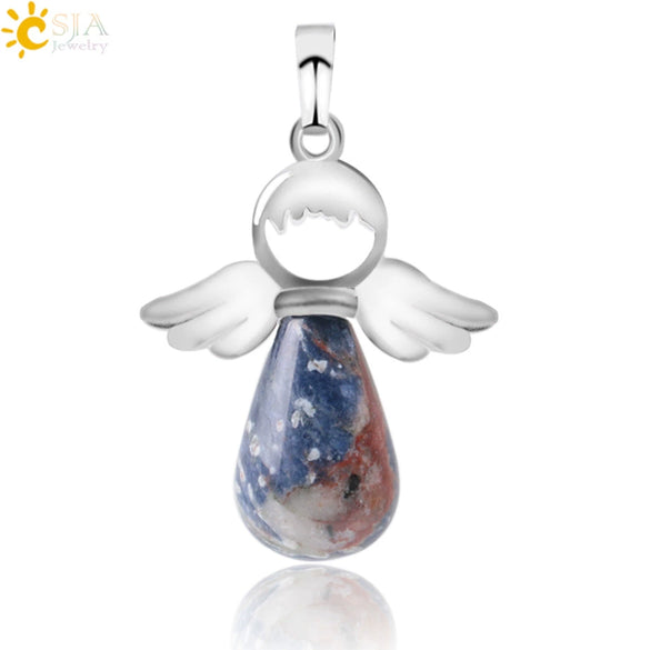 Natural Stone Drop Shaped Pendant Necklace With Polished Copper Angel Wings Creative Personality Jewelry For Women
