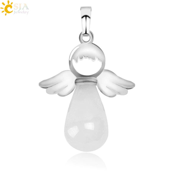 Natural Stone Drop Shaped Pendant Necklace With Polished Copper Angel Wings Creative Personality Jewelry For Women
