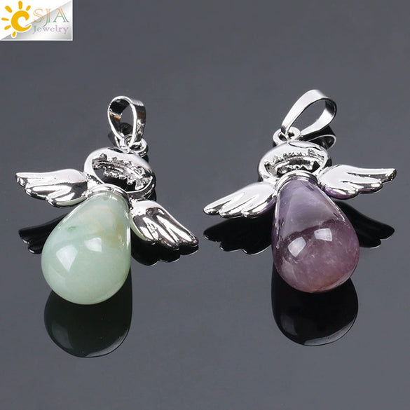 Natural Stone Drop Shaped Pendant Necklace With Polished Copper Angel Wings Creative Personality Jewelry For Women