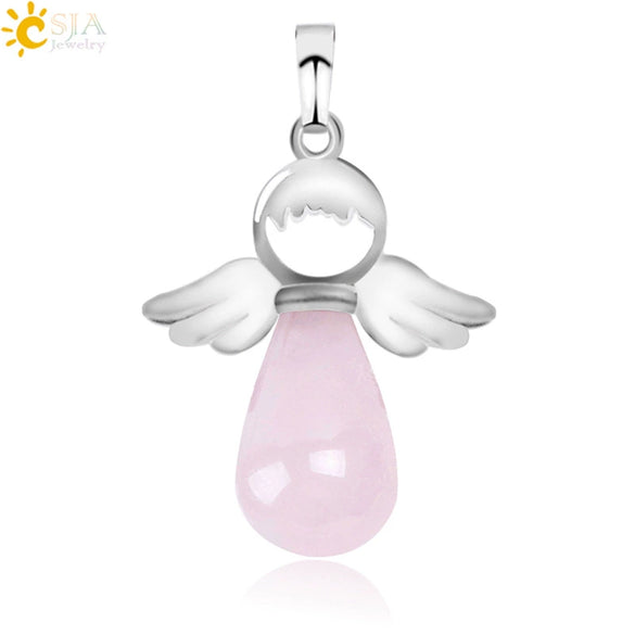 Natural Stone Drop Shaped Pendant Necklace With Polished Copper Angel Wings Creative Personality Jewelry For Women