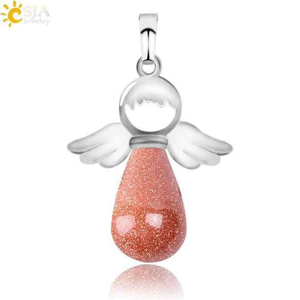 Natural Stone Drop Shaped Pendant Necklace With Polished Copper Angel Wings Creative Personality Jewelry For Women