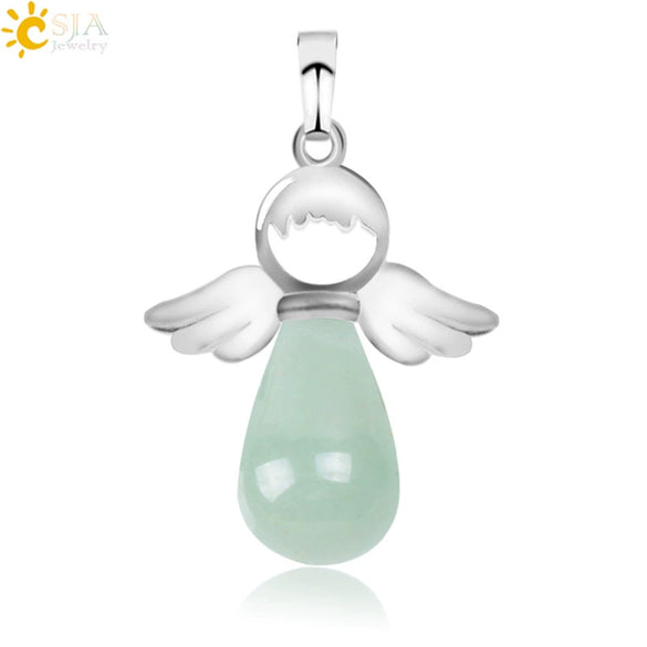 Natural Stone Drop Shaped Pendant Necklace With Polished Copper Angel Wings Creative Personality Jewelry For Women