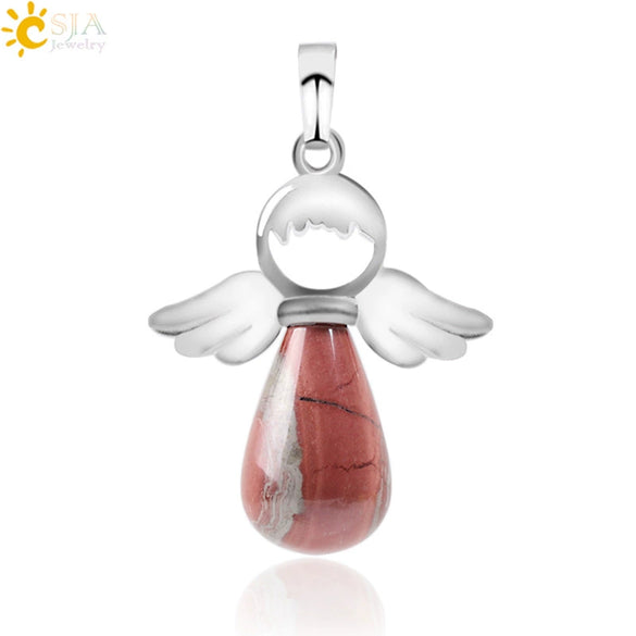 Natural Stone Drop Shaped Pendant Necklace With Polished Copper Angel Wings Creative Personality Jewelry For Women