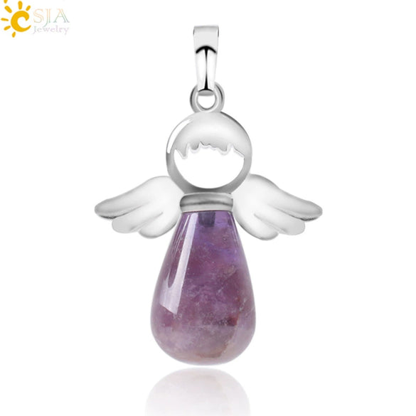 Natural Stone Drop Shaped Pendant Necklace With Polished Copper Angel Wings Creative Personality Jewelry For Women