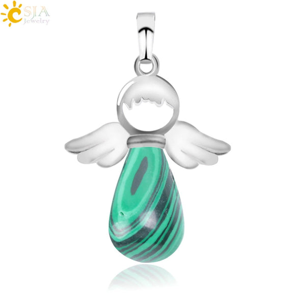 Natural Stone Drop Shaped Pendant Necklace With Polished Copper Angel Wings Creative Personality Jewelry For Women