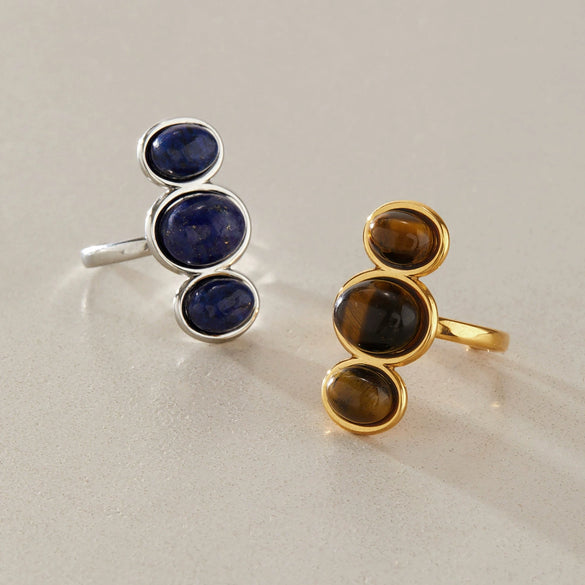 Natural Stone Geometric Ring With Tiger Eye And Lapis Lazuli Pvd Vacuum Gold Plated Stainless Steel Jewelry For Women