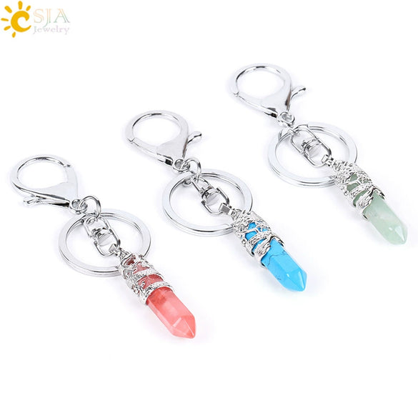 Natural Stone Hexagon Column Keychain With Copper Dragon Wrap Pendant Energy Crystal Key Chain Gift For Men