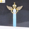 Natural Stone Hexagonal Prism Pendant Necklace With Rhinestone Angel Wing Alloy Chain Minimalist Crystal Jewelry