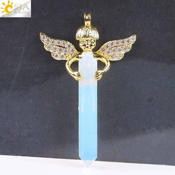 Natural Stone Hexagonal Prism Pendant Necklace With Rhinestone Angel Wing Alloy Chain Minimalist Crystal Jewelry