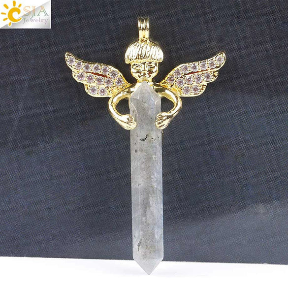 Natural Stone Hexagonal Prism Pendant Necklace With Rhinestone Angel Wing Alloy Chain Minimalist Crystal Jewelry