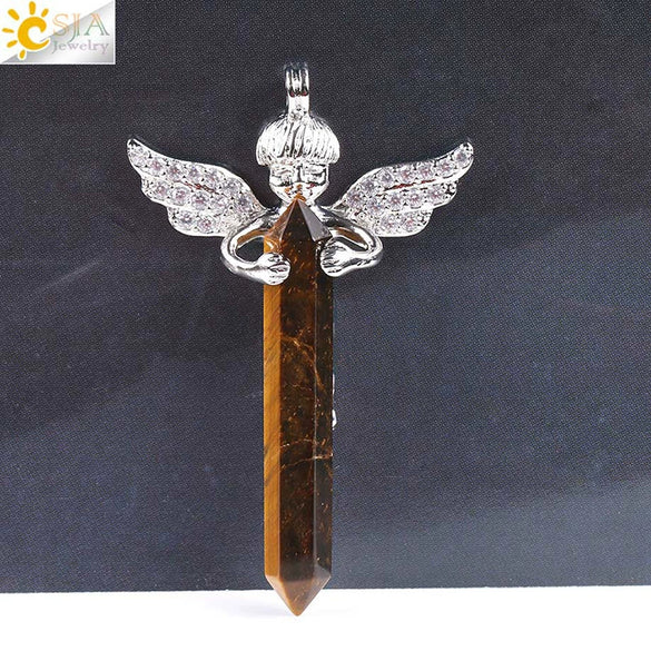 Natural Stone Hexagonal Prism Pendant Necklace With Rhinestone Angel Wing Alloy Chain Minimalist Crystal Jewelry